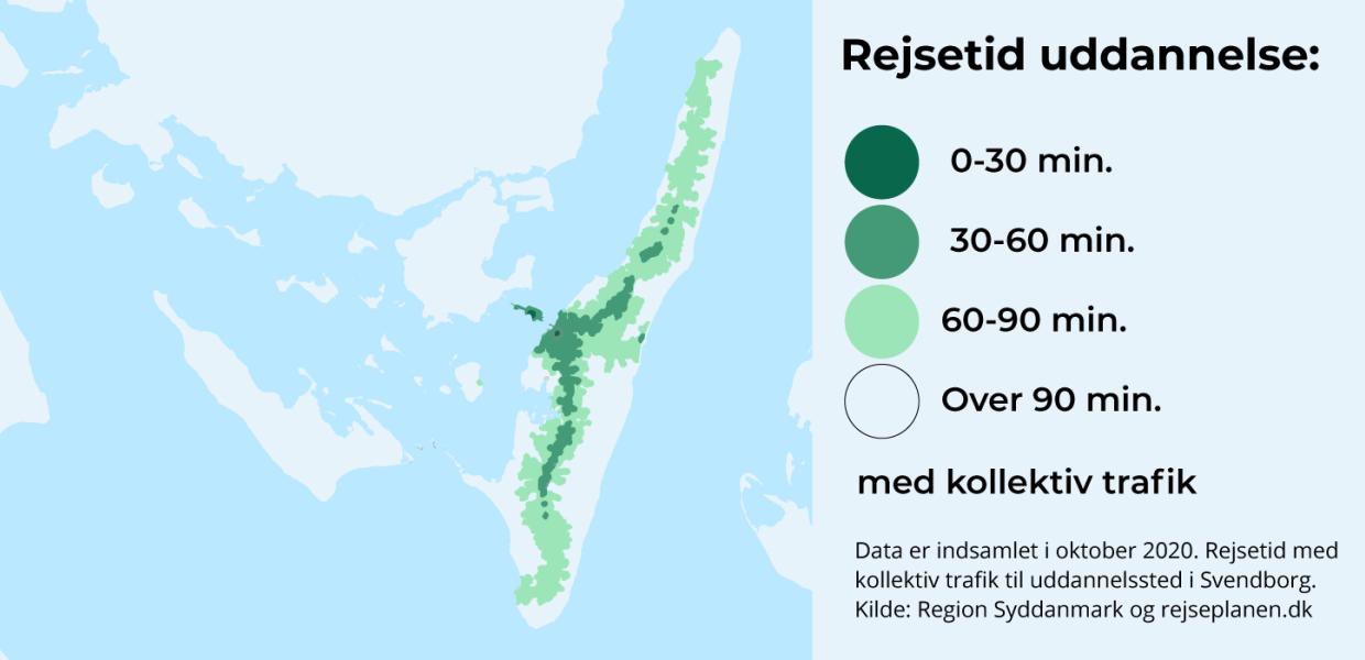 Rejsetid til Langeland og Strynø med kollektiv trafik til uddannelssted i Svendborg